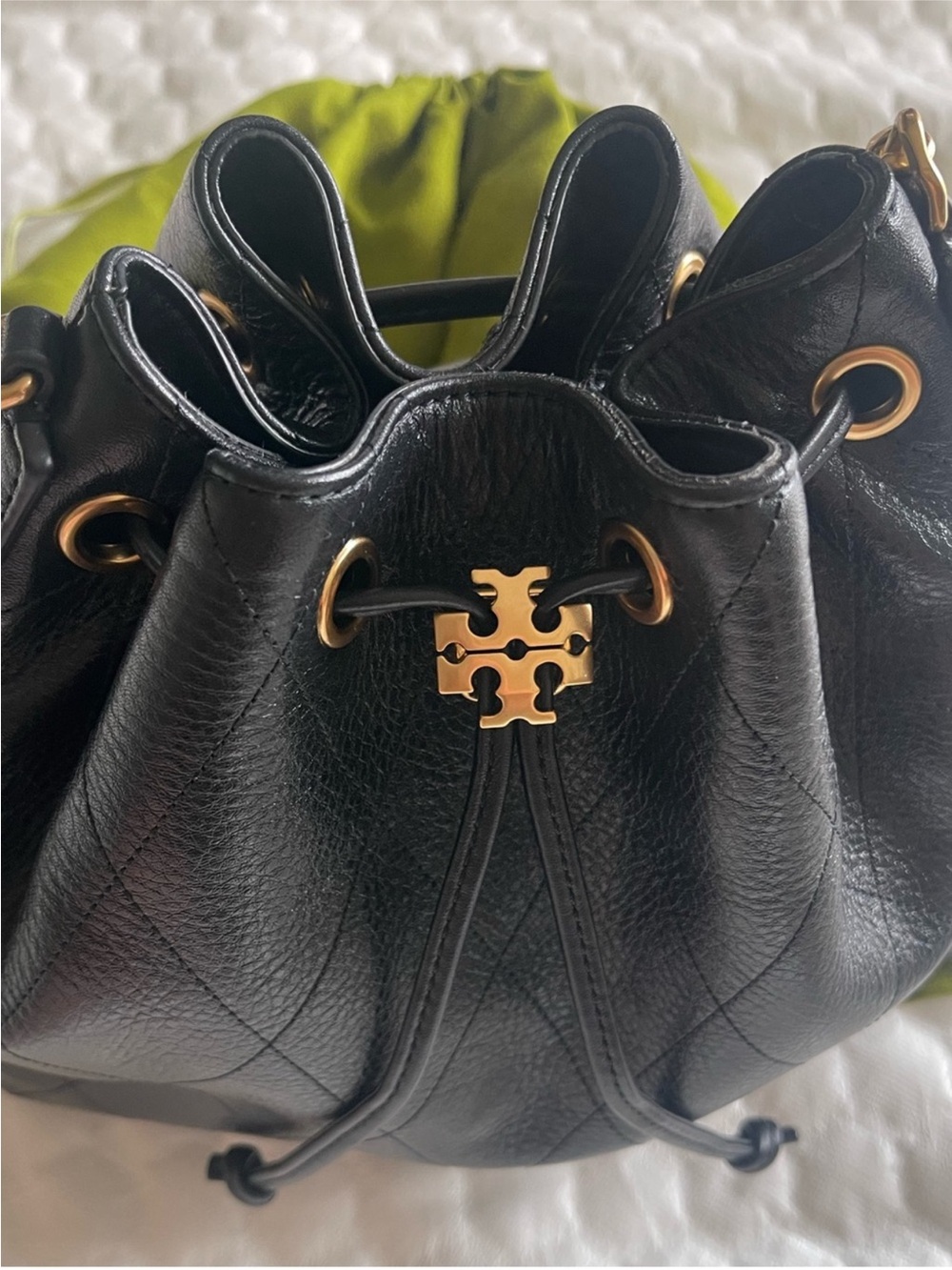Tory Burch Black Pebbled Leather Drawstring Bucket Bag with Gold Logo